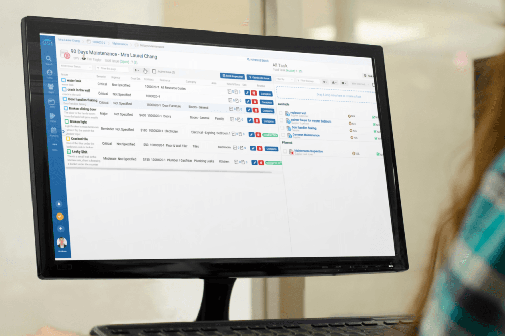 Maintenance workflow interface showing custom processes, task stages, and defect tracking